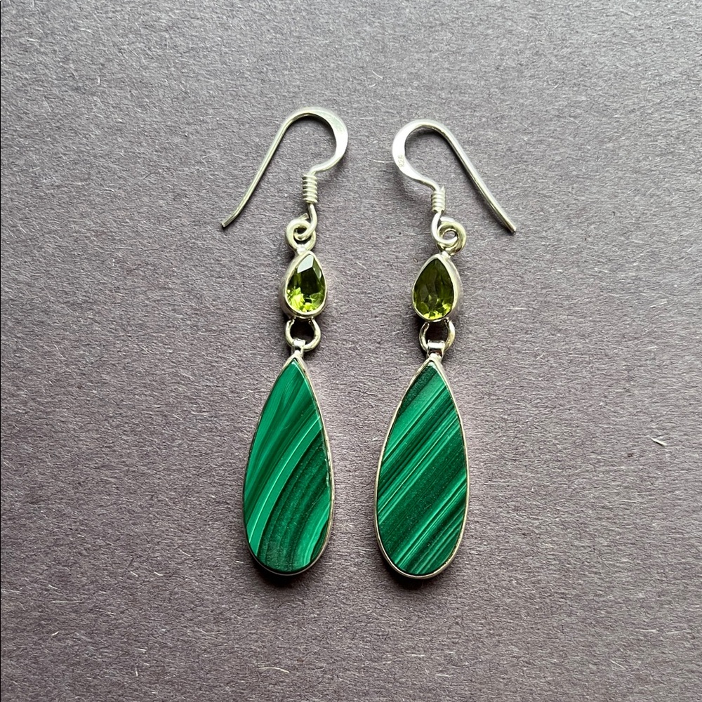 Green Malachite and Peridot Sterling Silver Teardrop Earrings